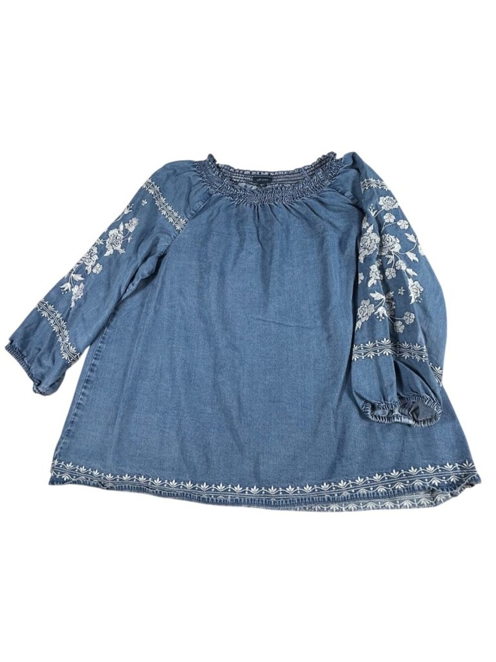 J. Jill Denim Blue Tunic Top Embroidered Sz XL Floral Peasant Sleeves & Hemline